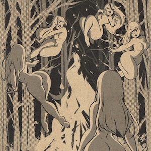 May include: A black and tan illustration depicts nude figures dancing around a bonfire in a forest. The artwork has a vintage comic book style, with a dot pattern and thick outlines. The figures have long flowing hair.