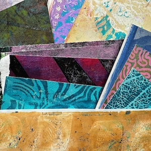 May include: A collection of colorful, textured paper sheets with various patterns and designs. The papers feature a mix of colors, including teal, purple, yellow, and green, with abstract and geometric motifs. Some sheets have striped or patterned designs.
