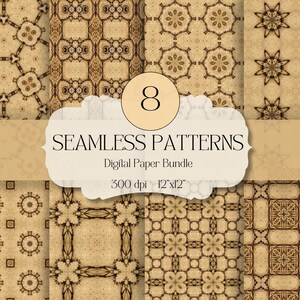 May include: Eight seamless digital paper patterns in shades of tan and brown. The patterns include geometric and floral designs. The image includes the text "SEAMLESS PATTERNS Digital Paper Bundle 300 dpi 12"x12".