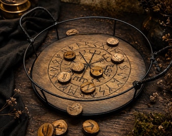 Elder Futhark Rune Casting Set with Vegvisir Disc | Wooden Norse Altar Tool Wayfinder