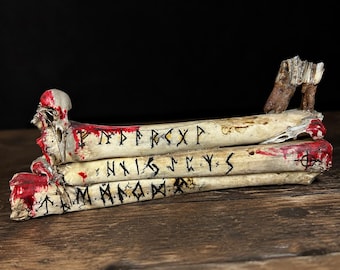 Elder Futhark Rune Bone Display - Three Ættir - Real Bovine Fossil Tooth