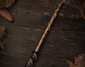 Handmade Wooden Wand, Copper Wrapped, Golden Beads, Fantasy Altar Decor