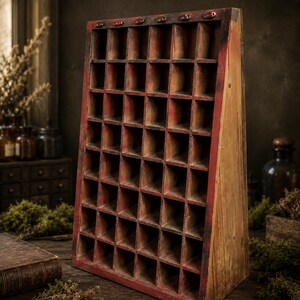 Hand Painted Wooden Curiosity Cabinet | Distressed Red Cubby Display Shelf | Oddities & Trinket Organizer