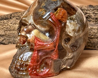 Handmade Red Agate Resin Skull | Curio Cabinet Decor (4 x 3 x 2.5 in.)