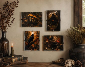 Autumn Raven Glass Art Prints | Gothic Fall Decor | Seasonal Dark Cottagecore