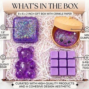 May include: An 8 x 6 x 2 inch gift box containing crinkle paper and four items: a 1.9 inch purple glittery squishy cube, a mini dumpling toy in a beige steamer, a 3 inch purple squishy bear, and a 9-piece purple square clicker fidget toy.