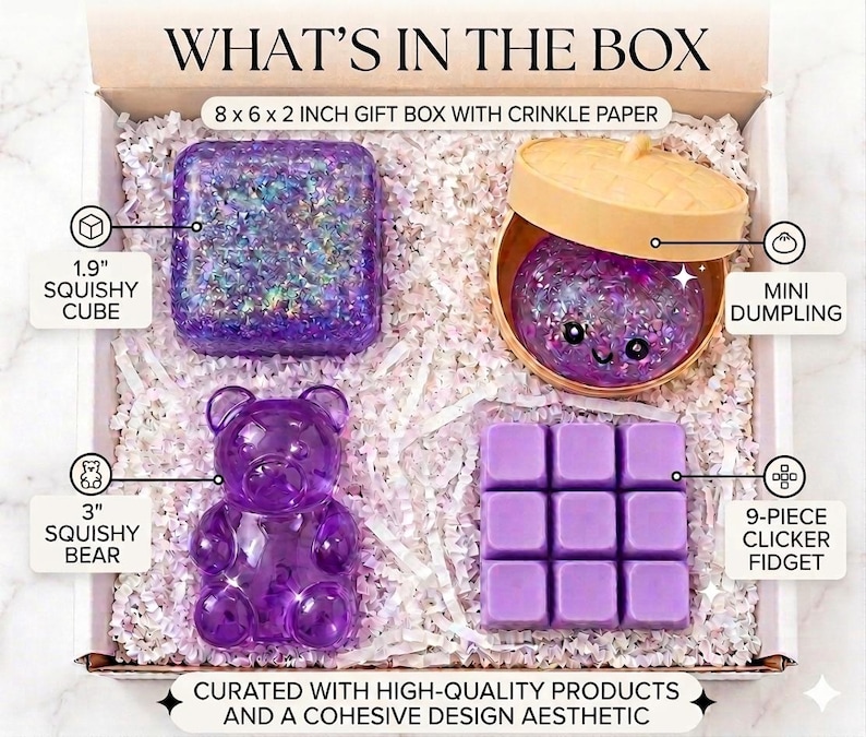 May include: An 8 x 6 x 2 inch gift box containing crinkle paper and four items: a 1.9 inch purple glittery squishy cube, a mini dumpling toy in a beige steamer, a 3 inch purple squishy bear, and a 9-piece purple square clicker fidget toy.