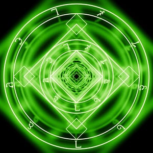May include: A digital graphic featuring a series of concentric neon green circles and diamond shapes that create a tunnel effect. White line art symbols and characters are positioned along the circular borders against a deep black background.