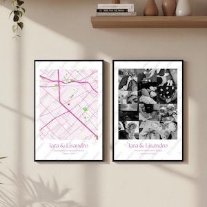 Puede incluir: Dos impresiones enmarcadas. La impresión de la izquierda presenta un diseño de mapa rosa con el texto "lara & Lisandro". La impresión de la derecha es un collage de fotos en blanco y negro con el texto "lara & Lisandro". Ambas impresiones están en marcos negros.