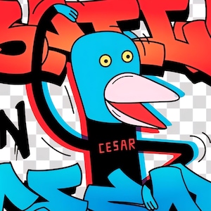 Puede incluir: Ilustración de dibujos animados de un personaje azul con forma de pájaro con un pico blanco grande, que lleva una camiseta negra con el nombre "CESAR". El fondo presenta letras de estilo graffiti en rojo, naranja y azul, con las palabras "30 minutos" en la esquina.