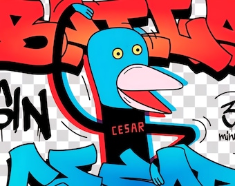 Könnte beinhalten: Cartoon-Illustration eines blauen, vogelähnlichen Charakters mit großem weißem Schnabel, der ein schwarzes Hemd mit dem Namen "CESAR" trägt. Der Hintergrund zeigt Graffiti-Schriftzüge in Rot, Orange und Blau, mit den Worten "30 Minuten" in der Ecke.