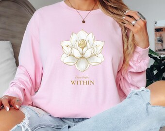 Peace Begins Within Long Sleeve Shirt, Lotus Flower Meditation Tee, Yoga Mindfulness Shirt