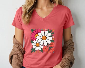 Colorful Daisy Floral V-Neck Shirt for Women | Cute Cottagecore Flower Tee | Soft Spring Wildflower T-Shirt | Botanical Nature Gift