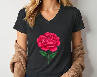 Pink Peony Flower V-Neck Shirt for Women, Minimalist Floral Tee, Botanical Flower Shirt, Nature Lover Gift, Gildan SoftStyle V-Neck Tee