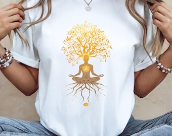 Gouden levensboom meditatieshirt, T-shirt spirituele yoga, T-shirt Zen Mindfulness, T-shirt Boeddha meditatie, Spiritueel cadeau, Bella Canvas Yog