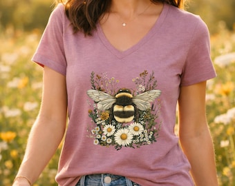 Bee Wildflower V Neck Shirt, Bumble Bee Floral Tee, Women's Relaxed V Neck T Shirt, Botanical Flower Shirt, Cottagecore Bee Shirt