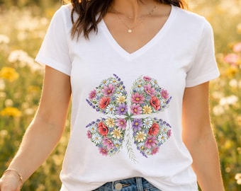 Lucky Floral Four Leaf Clover Shirt | Bella Canvas 6405CVC Women's V-Neck | Wildflower Lucky Charm Tee
