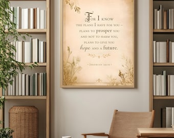 Jeremiah 29:11 Bible Verse Wall Art, Christian Printable Poster, Scripture Wall Decor, Neutral Beige Floral Print, Faith Home Decor