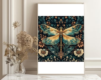 Dragonfly Wall Art Poster, Teal Gold Nature Print, Botanical Insect Art, Elegant Boho Decor, Vintage Style Wall Art, Nature Lover Gift