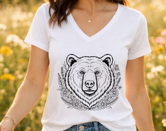 Floral Bear V-Neck T-Shirt for Women - Woodland Wildlife Graphic Tee - Botanical Bear Shirt - Nature Lover Gift - Rustic Forest Animal Art