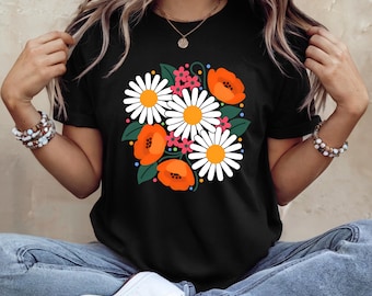 Colorful Floral T-Shirt for Women, Daisy and Poppy Bella Canvas Tee, Retro Flower Graphic Shirt, Botanical Gift for Her