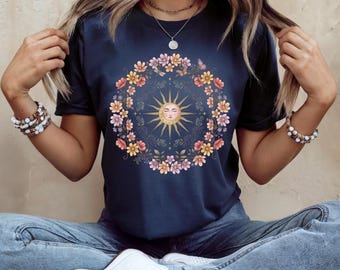 Celestial Sun Floral Shirt, Boho Sun Face Tee, Mystical Flower T Shirt, Vintage Botanical Graphic Tee, Bohemian Nature Shirt