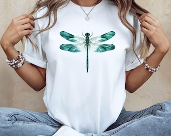 Teal libel T-shirt, minimalistisch natuur T-shirt, elegant insect grafisch shirt, Bella Canvas 3001, esthetisch botanisch shirt, cadeau voor haar