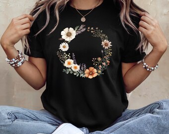 Shirt bloemenkrans boho, T-shirt Wildflower Circle, T-shirt Cottagecore Flower, Shirt Botanical Nature, T-shirt Daisy Floral T-shirt