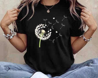 Dandelion Heart T-Shirt for Women, Floral Bella Canvas Tee, Whimsical Nature Shirt, Boho Flower Graphic Tee, Gift for Her