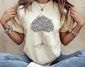 Tree Of Life Floral Shirt, Nature Lover Gift, Botanical Tree T-Shirt, Boho Floral Tee, Flower Tree Shirt, Boho Shirt