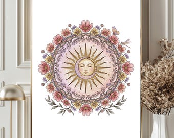 Floral Celestial Mandala Wall Art Poster, Sun and Moon Botanical Print, Boho Meditation Room Decor