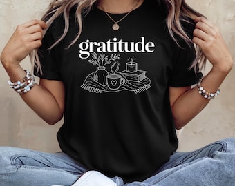 Dankbaarheid comfort kleuren stijl T-shirt, gezellig esthetisch shirt, inspirerend grafisch T-shirt, minimalistische positieve sfeer cadeau voor vrouwen