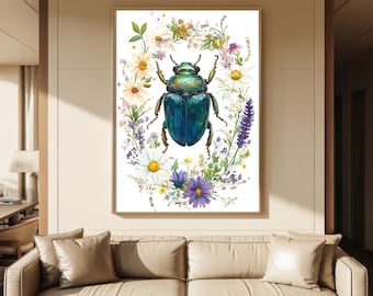 Mystical Scarab Beetle Wall Art Print, Vintage Botanical Beetle Poster, Floral Nature Decor, Cottagecore Gallery Wall Art