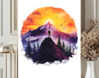 Mountain Sunset Wall Art Print, Adventure Landscape Poster, Nature Lover Decor, Colorful Mountain Painting, Wanderlust Home Decor