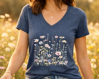 Wildflower V Neck Shirt, Floral V Neck Tee, Women's Relaxed V Neck T Shirt, Botanical Flower Shirt, Cottagecore Wildflower Tee, Bella Canvas