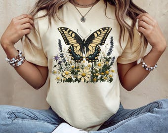 Yellow Butterfly Wildflower Tee | Vintage Botanical Butterfly Tee | Cottagecore Floral T-Shirt | Nature Lover Gift | Boho Garden Graphic Tee