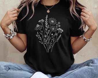 Minimalistisch shirt met wilde bloemen, T-shirt met bloemenlijn, canvas T-shirt Botanical Bella, shirt Cottagecore Flower, op de natuur geïnspireerd grafisch T-shirt