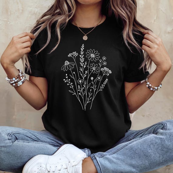 Minimalist Wildflower Shirt, Floral Line Art Tee, Botanical Bella Canvas TShirt, Cottagecore Flower Shirt, Nature Inspired Graphic Tee