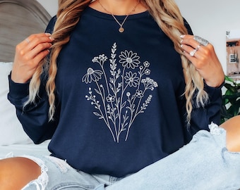 Minimalist Wildflower Sweatshirt, Botanical Floral Crewneck, White Line Art Flowers