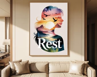 Rest Wall Art Print, Inspirational Bedroom Decor, Peaceful Sunset Poster, Mindfulness Artwork, Meditation Room Decor, Relaxing Home Wall Art