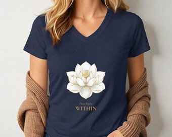 Peace Begins Within Lotus Flower V Neck Shirt | Inspirational Yoga Tee | Minimalist Spiritual Gift | Mindfulness Meditation Gildan Women's