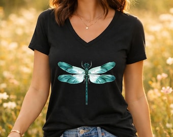 Dragonfly V Neck Shirt, Teal Dragonfly Tee, Nature Inspired Shirt, Boho Insect Graphic Tee, Botanical Gift for Women