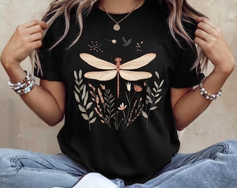 Dragonfly-shirt voor vrouwen, botanische Dragonfly-T-shirt, zachte natuur, esthetische T-shirt, bloemeninsect Graphic Tee, cadeau voor haar, Bella Canvas