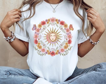 Celestial Sun Floral Shirt, Boho Sun Shirt, Botanical Tee, Spiritual Shirt, Nature Lover Gift, Astrology Shirt