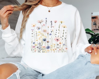 Wildflower Long Sleeve Shirt, Floral Graphic Tee, Botanical Flower Shirt, Nature Lover Gift, Women's Floral Top