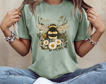 T-shirt bijen en wilde bloemen, Cottagecore bloemen T-shirt, Bumble Bee grafisch T-shirt, natuurliefhebber Bella canvas shirt, botanische tuin esthetische T-shirt