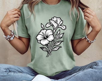 Minimalist Hibiscus Flower Shirt | Botanical Line Art T-Shirt | Black Floral Graphic Tee | Nature Lover Gift | Cottagecore Floral Tee