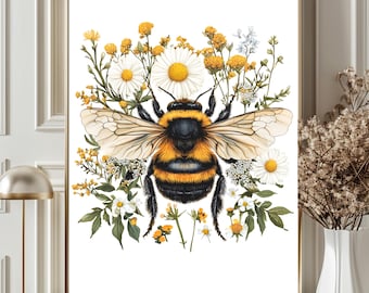 Bee Wildflower Wall Art Print, Botanical Bumble Bee Poster, Cottagecore Floral Decor, Nature Inspired Minimalist Art, Rustic Farmhouse Print