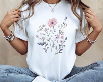 Canvasshirt Wildflower Bella, T-shirt met bloemenprint, shirt Cottagecore Flower, minimalistisch botanisch T-shirt, zacht vrouwelijk T-shirt met wilde bloemen