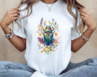 Colorful Beetle Floral T-Shirt, Botanical Scarab Tee, Nature Lover Gift, Cottagecore Insect Shirt, Watercolor Bug Art, Wildflower Tee